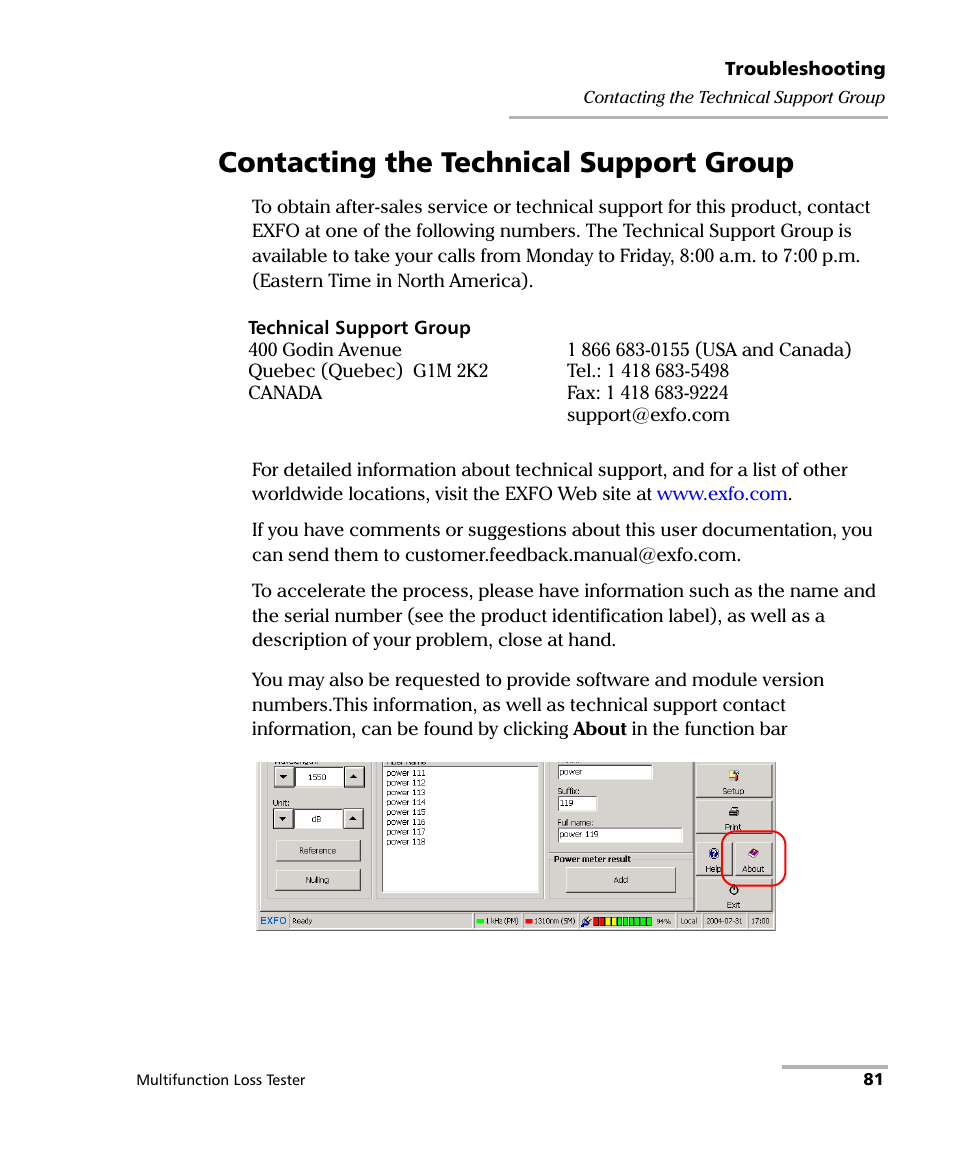 Contacting the technical support group | EXFO FTB-3930 MultiTest User Manual | Page 87 / 101