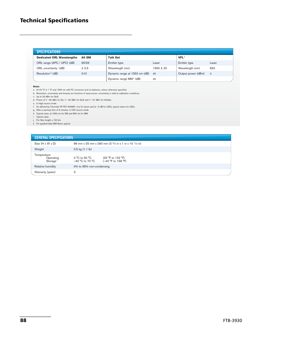 Technical specifications, Ftb-3930, Specifications | General specifications | EXFO FTB-3930 MultiTest User Manual | Page 94 / 101