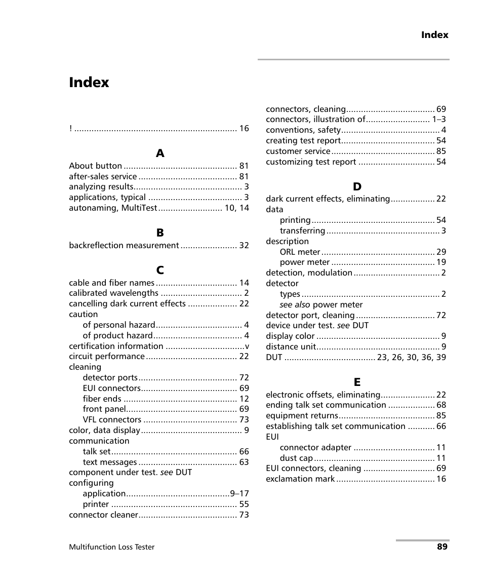 Index | EXFO FTB-3930 MultiTest User Manual | Page 95 / 101