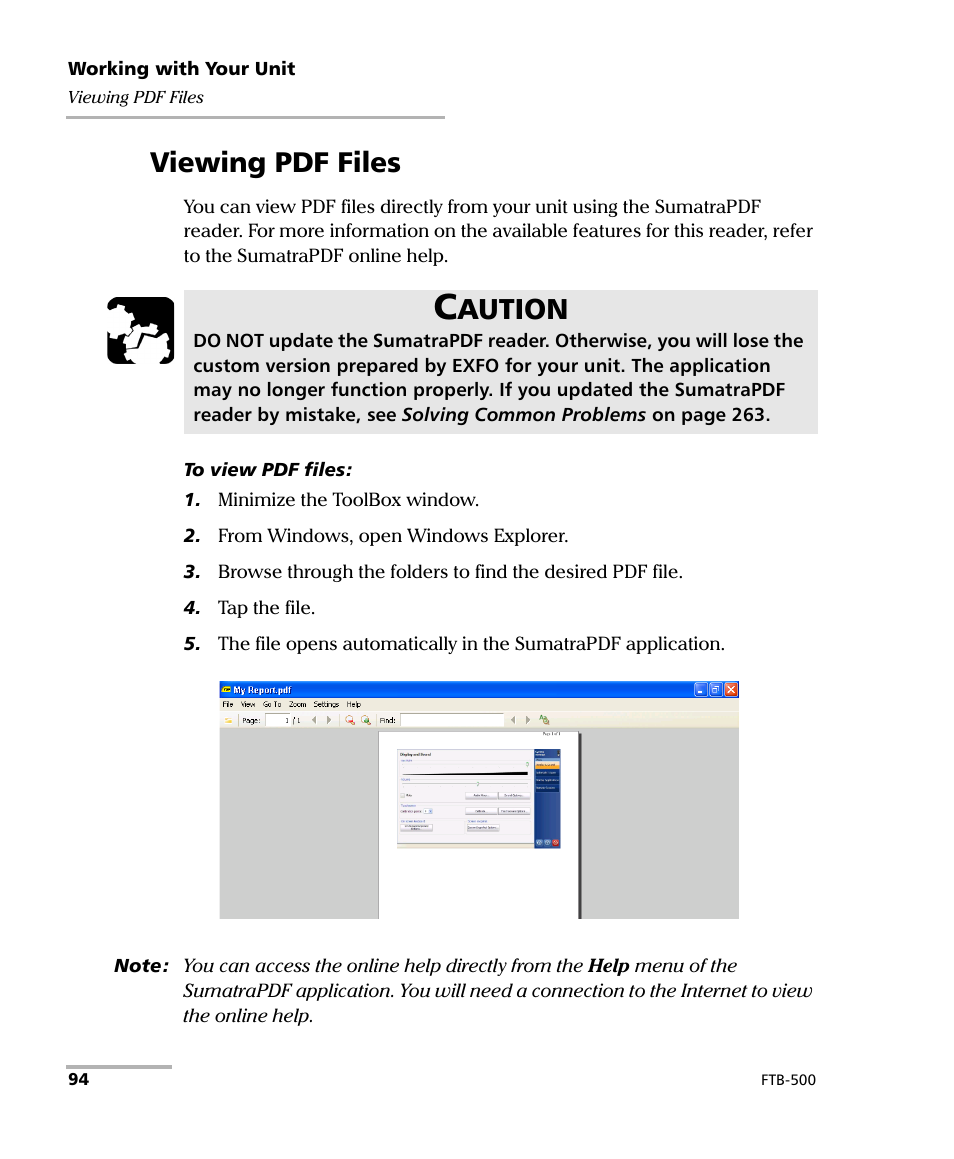 Viewing pdf files, Aution | EXFO FTB-500 (Window XP) User Manual | Page 104 / 405