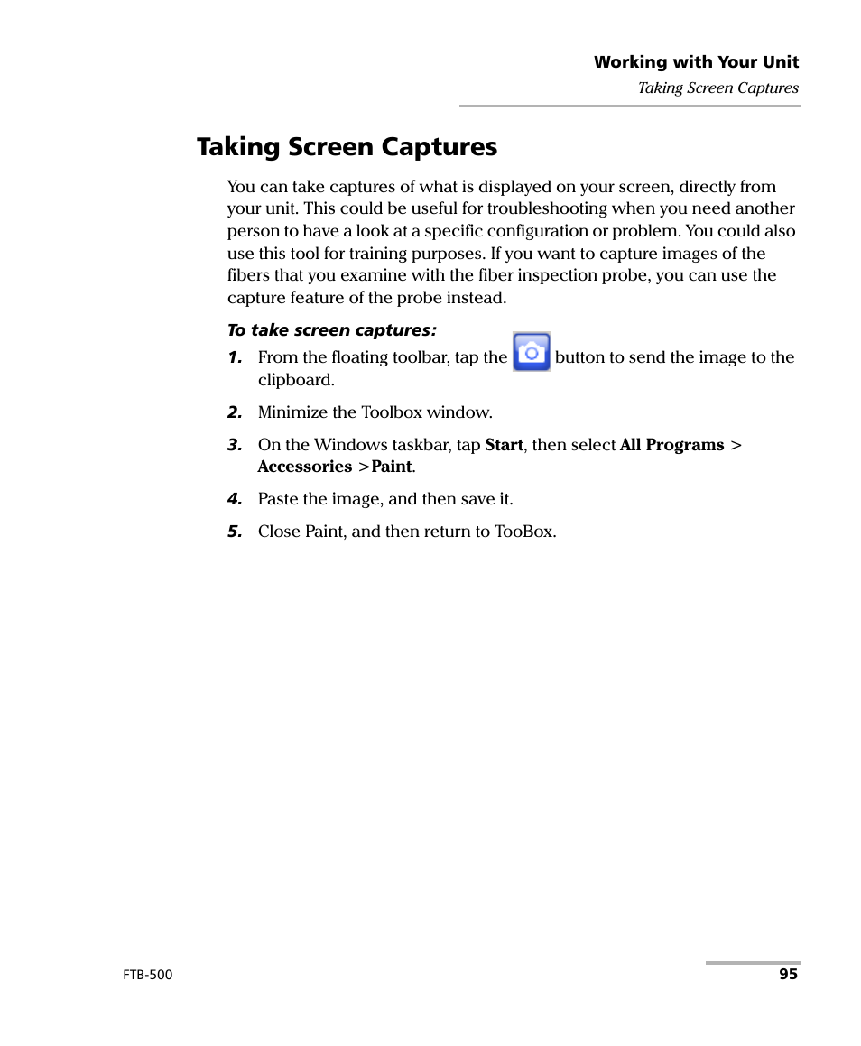 Taking screen captures | EXFO FTB-500 (Window XP) User Manual | Page 105 / 405