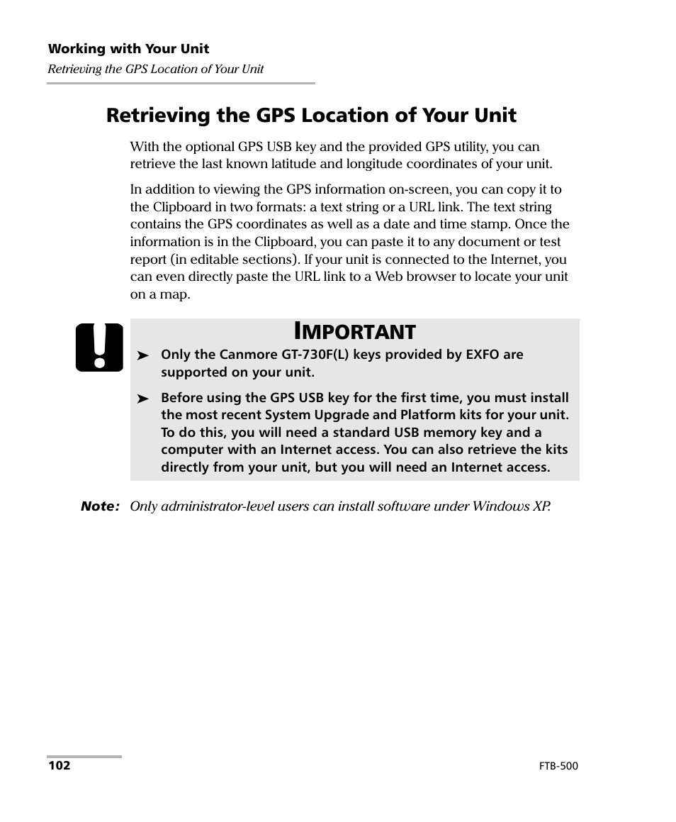 Retrieving the gps location of your unit, Mportant | EXFO FTB-500 (Window XP) User Manual | Page 112 / 405