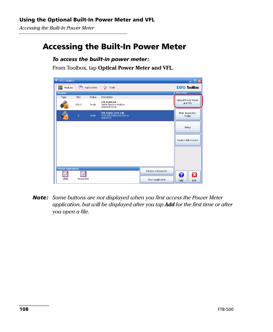 Accessing the built-in power meter | EXFO FTB-500 (Window XP) User Manual | Page 118 / 405