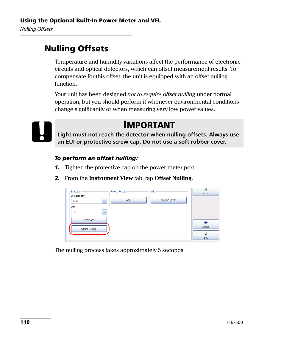 Nulling offsets, Mportant | EXFO FTB-500 (Window XP) User Manual | Page 120 / 405