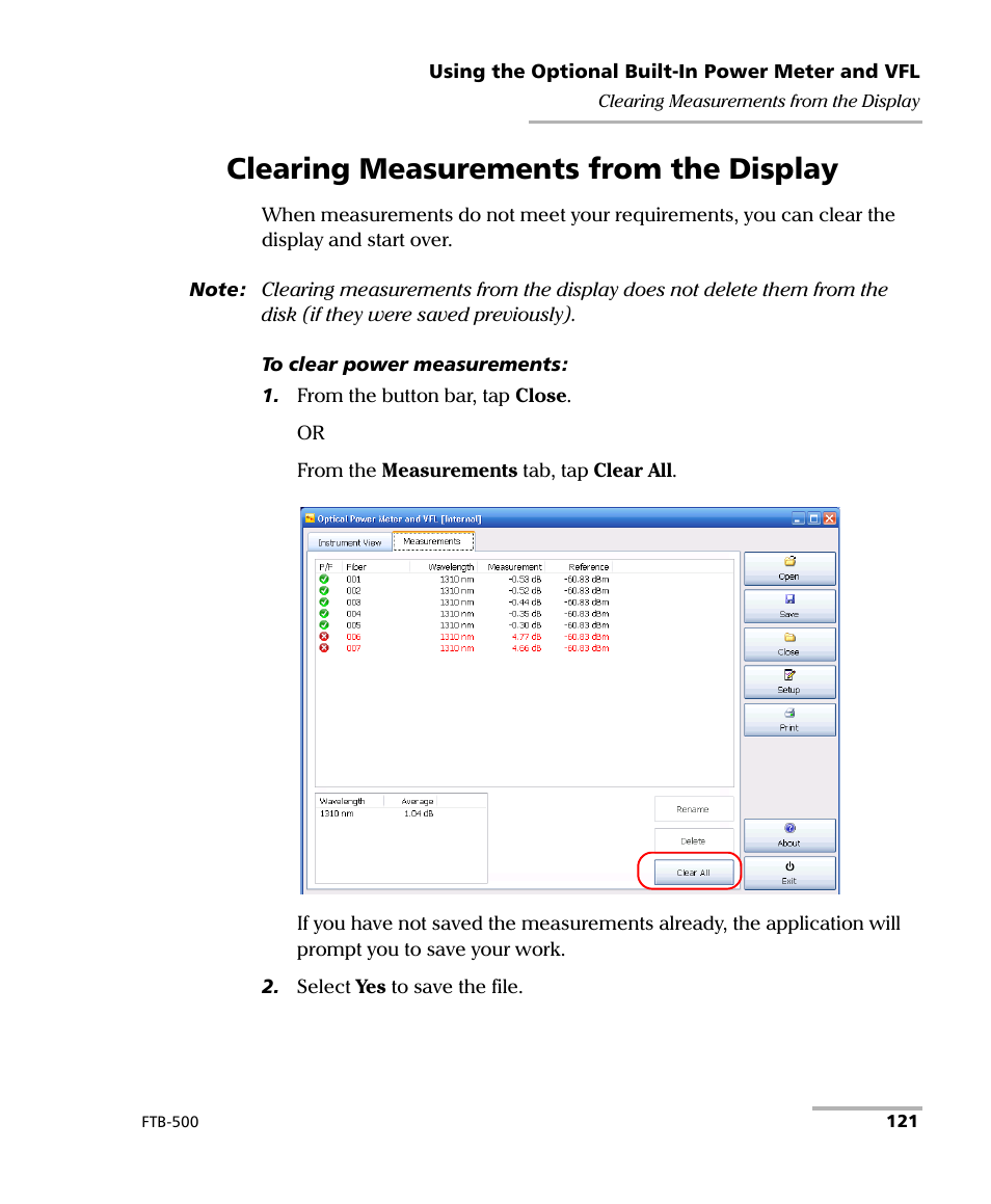 Clearing measurements from the display | EXFO FTB-500 (Window XP) User Manual | Page 131 / 405
