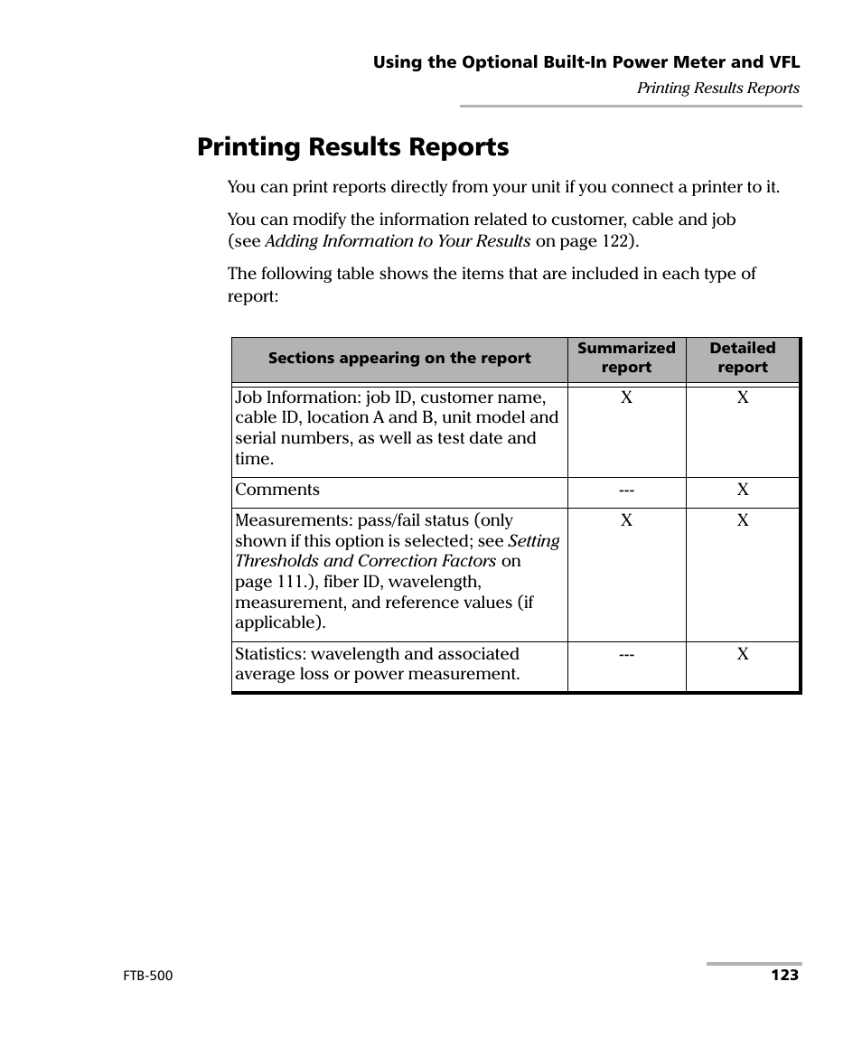 Printing results reports | EXFO FTB-500 (Window XP) User Manual | Page 133 / 405