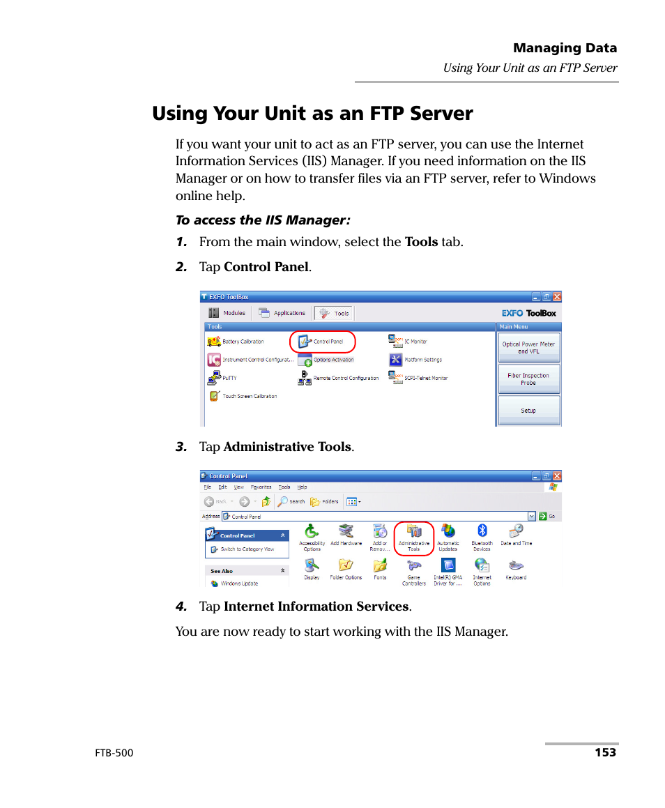 Using your unit as an ftp server | EXFO FTB-500 (Window XP) User Manual | Page 163 / 405