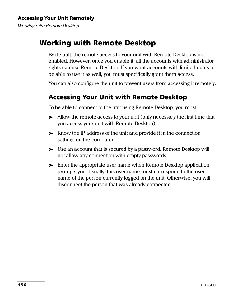 Working with remote desktop, Accessing your unit with remote desktop | EXFO FTB-500 (Window XP) User Manual | Page 166 / 405