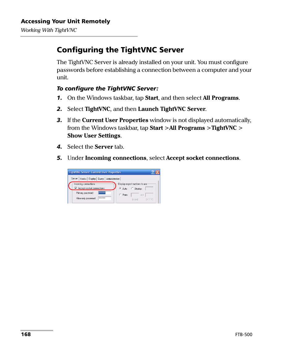 Configuring the tightvnc server | EXFO FTB-500 (Window XP) User Manual | Page 178 / 405