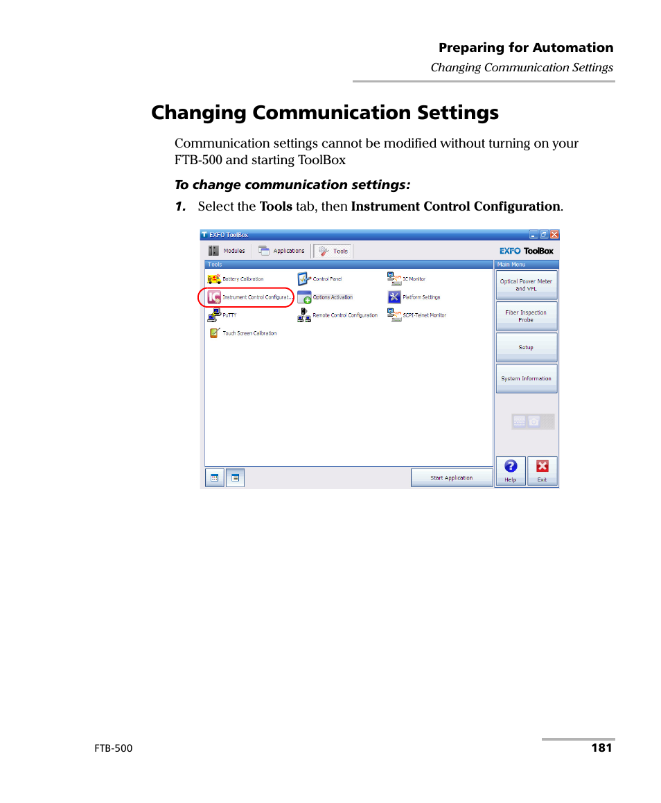 Changing communication settings | EXFO FTB-500 (Window XP) User Manual | Page 191 / 405