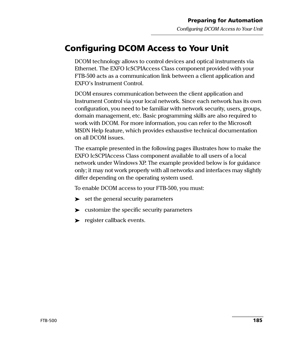 Configuring dcom access to your unit | EXFO FTB-500 (Window XP) User Manual | Page 195 / 405