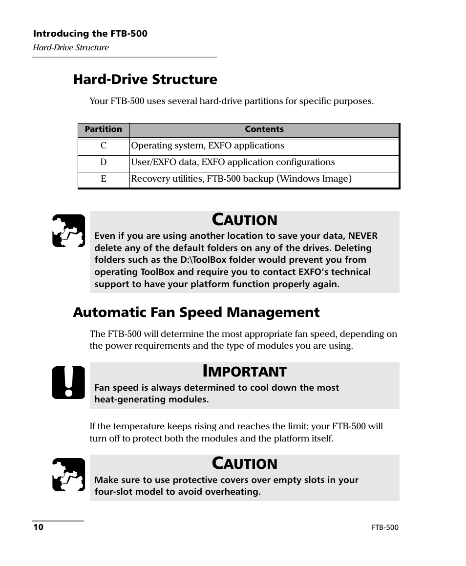 Hard-drive structure, Automatic fan speed management, Aution | Mportant | EXFO FTB-500 (Window XP) User Manual | Page 20 / 405