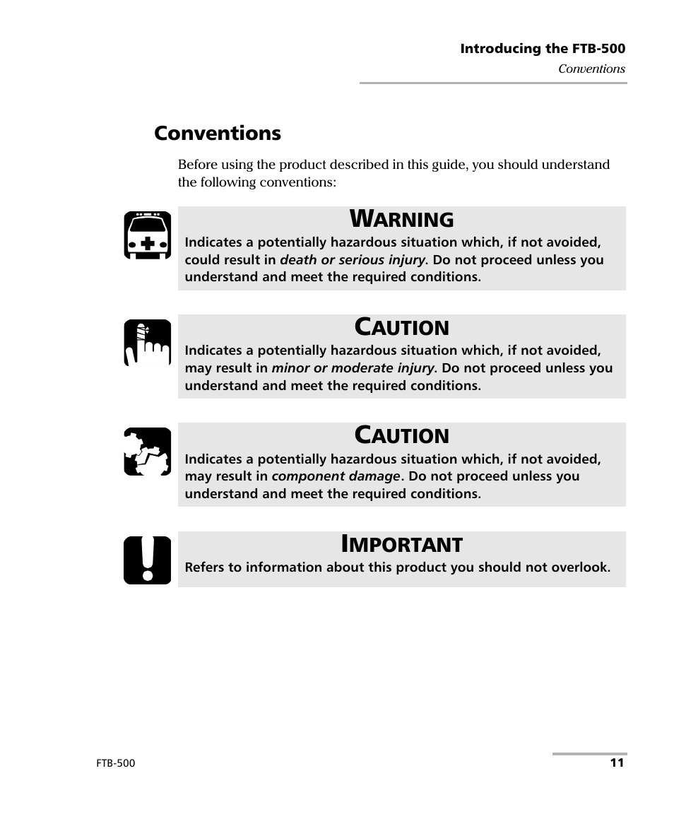 Conventions, Arning, Aution | Mportant | EXFO FTB-500 (Window XP) User Manual | Page 21 / 405