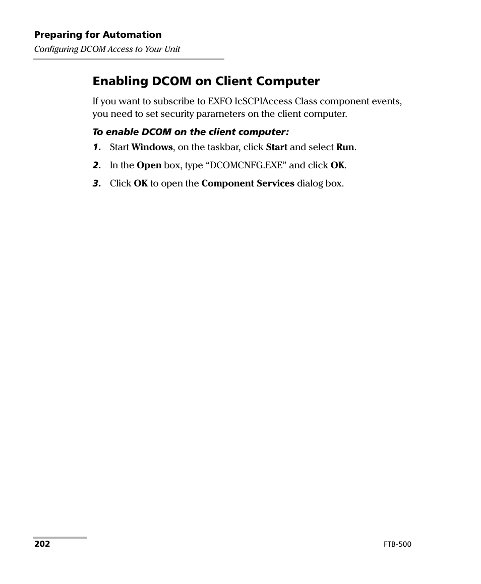 Enabling dcom on client computer | EXFO FTB-500 (Window XP) User Manual | Page 212 / 405