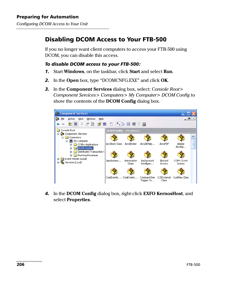 Disabling dcom access to your ftb-500 | EXFO FTB-500 (Window XP) User Manual | Page 216 / 405