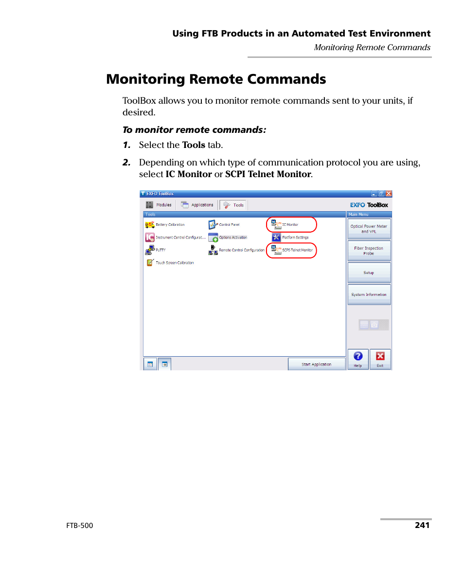 Monitoring remote commands | EXFO FTB-500 (Window XP) User Manual | Page 251 / 405
