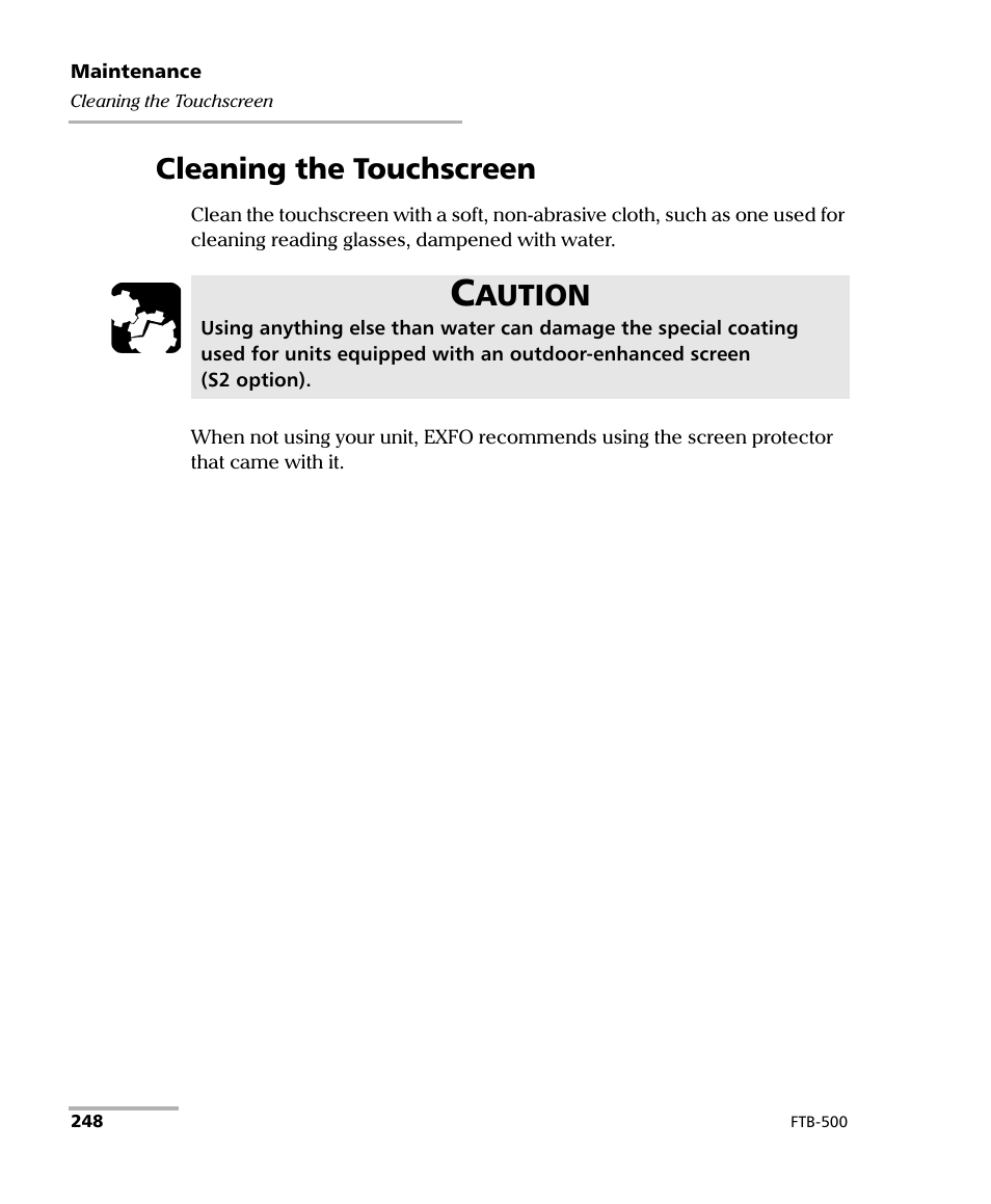 Cleaning the touchscreen, Aution | EXFO FTB-500 (Window XP) User Manual | Page 258 / 405