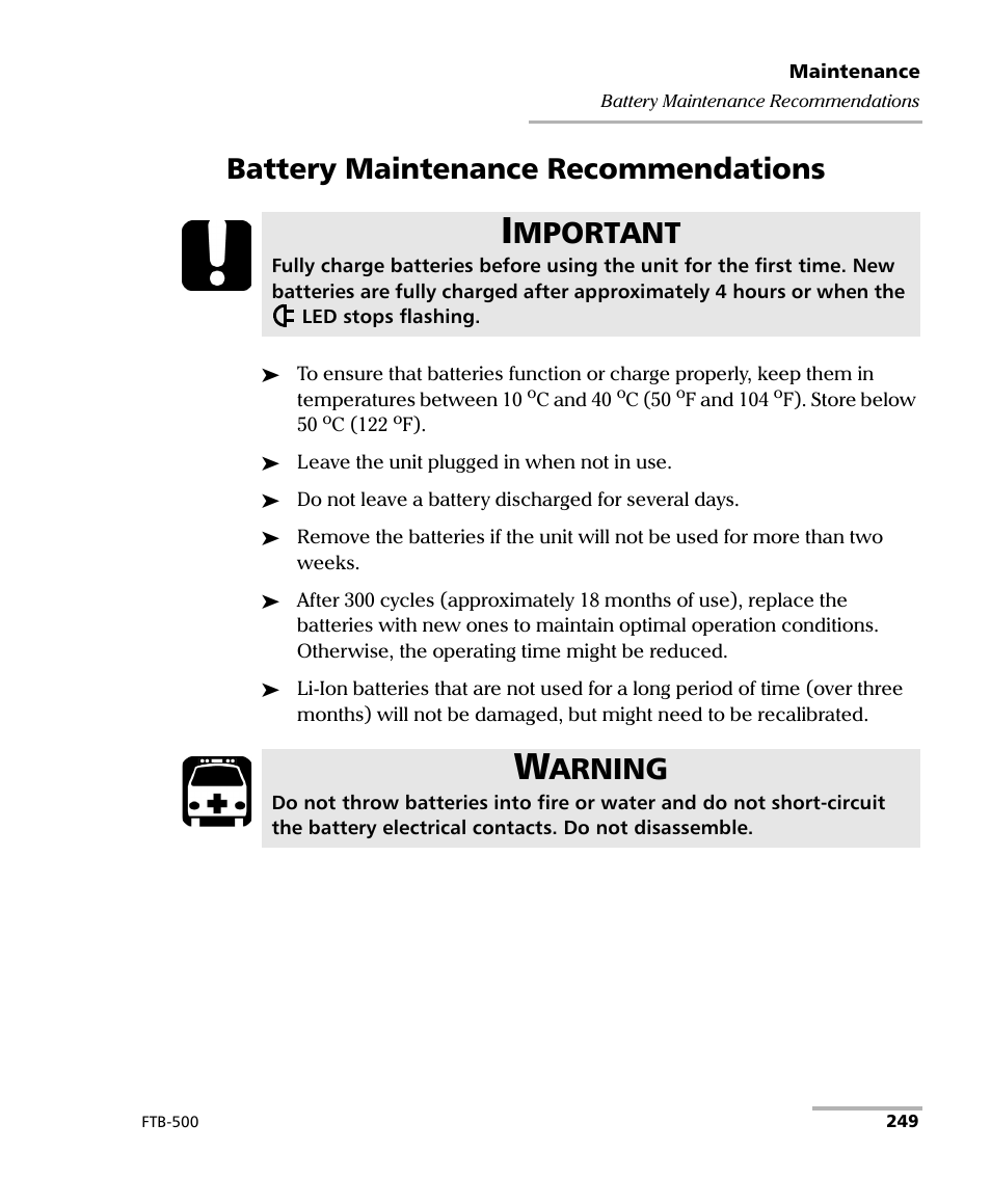 Battery maintenance recommendations, Mportant, Arning | EXFO FTB-500 (Window XP) User Manual | Page 259 / 405