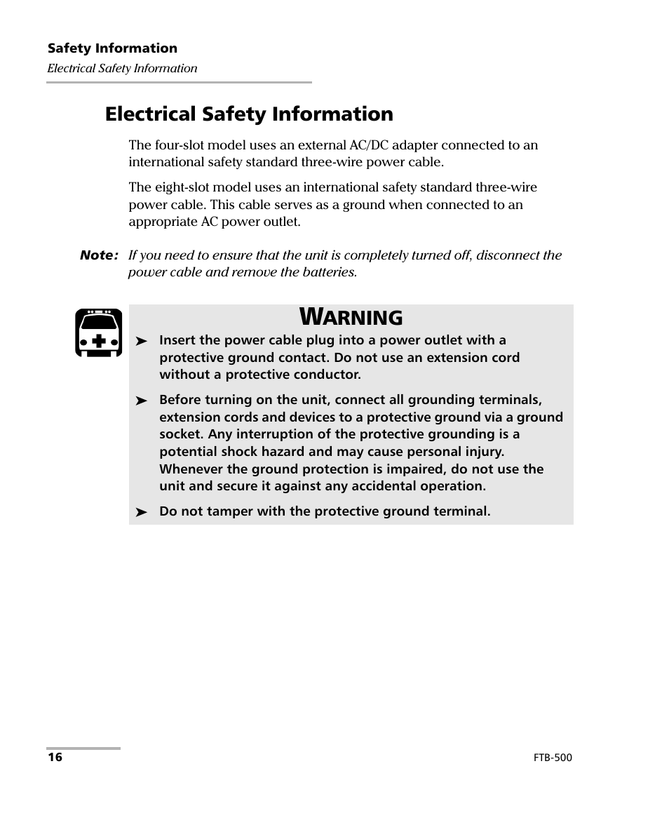 Electrical safety information, Arning | EXFO FTB-500 (Window XP) User Manual | Page 26 / 405