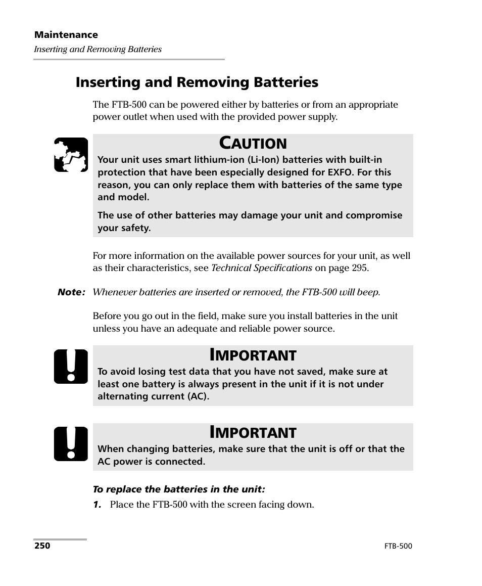 Inserting and removing batteries, Aution, Mportant | EXFO FTB-500 (Window XP) User Manual | Page 260 / 405