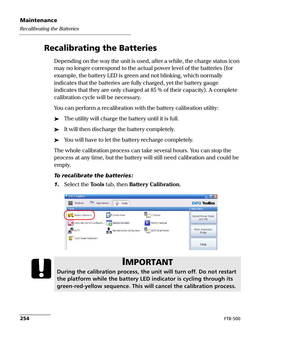 Recalibrating the batteries, Mportant | EXFO FTB-500 (Window XP) User Manual | Page 264 / 405