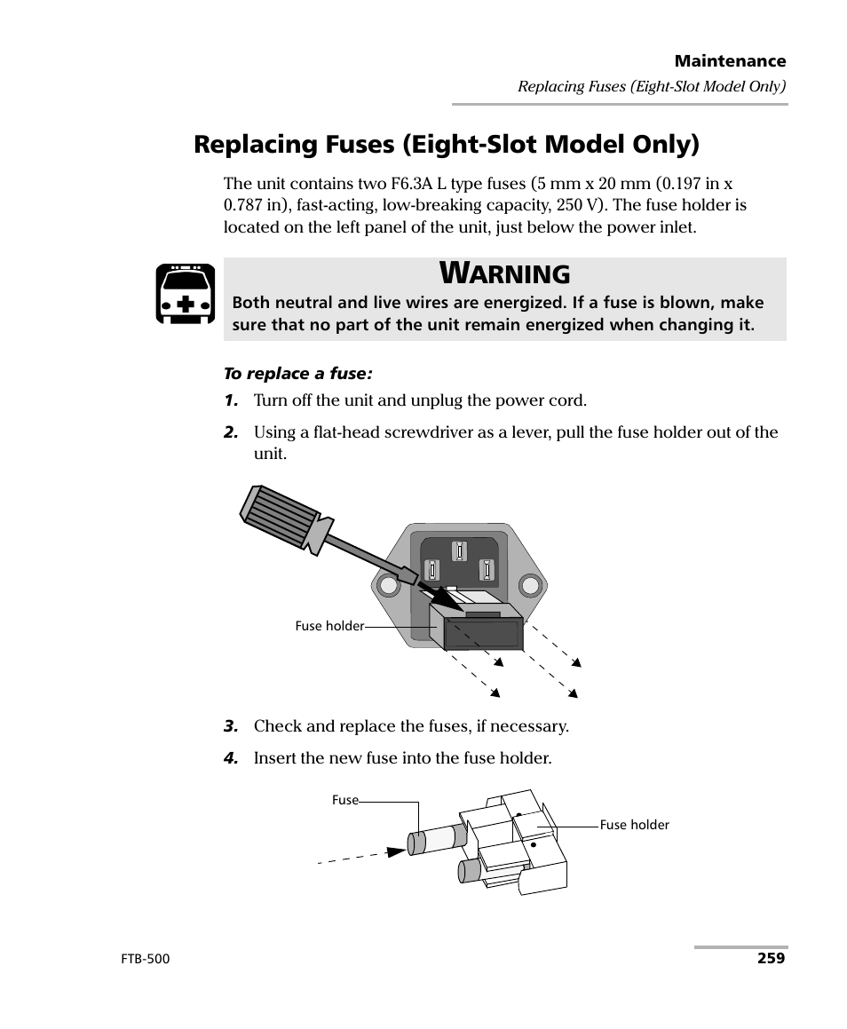 Replacing fuses (eight-slot model only), Arning | EXFO FTB-500 (Window XP) User Manual | Page 269 / 405