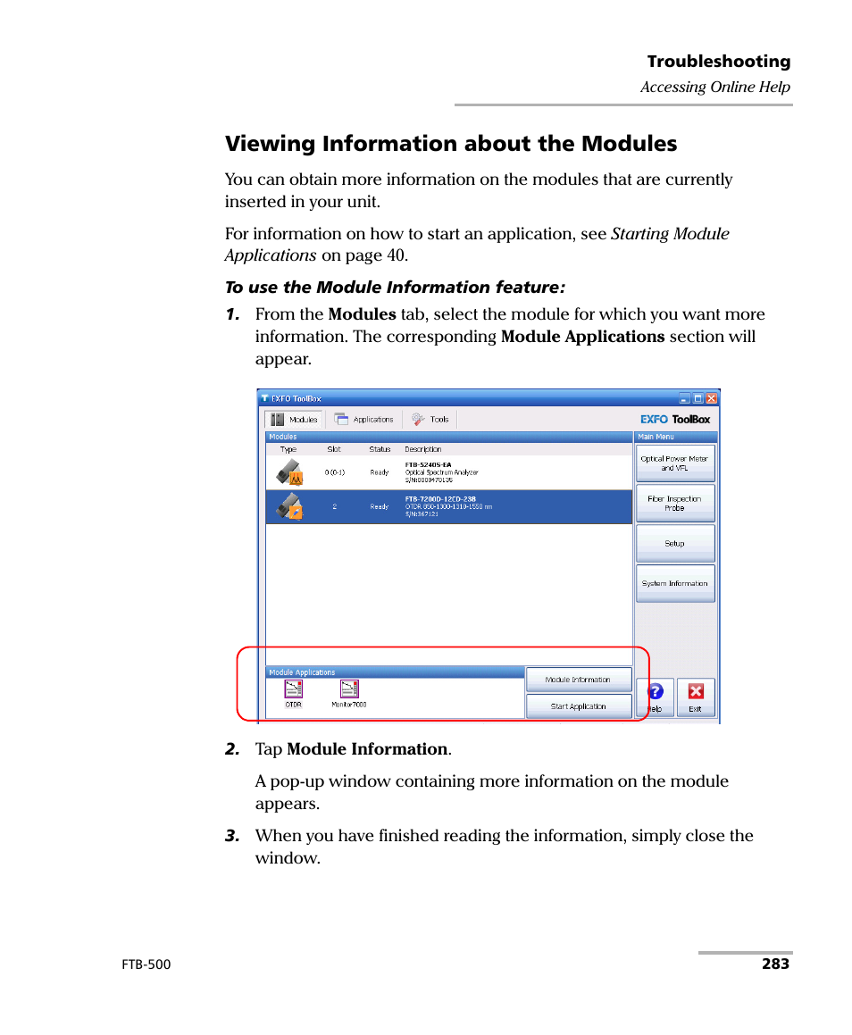 Viewing information about the modules | EXFO FTB-500 (Window XP) User Manual | Page 293 / 405