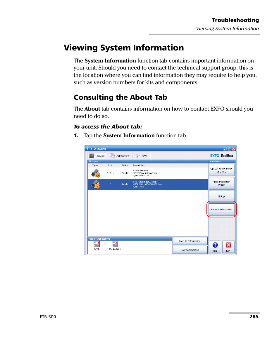 Viewing system information, Consulting the about tab | EXFO FTB-500 (Window XP) User Manual | Page 295 / 405