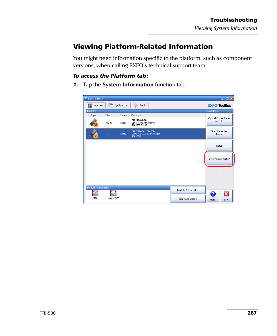 Viewing platform-related information | EXFO FTB-500 (Window XP) User Manual | Page 297 / 405
