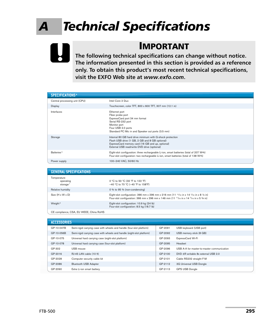 A technical specifications, Mportant, Ftb-500 | Specifications, General specifications, Accessories | EXFO FTB-500 (Window XP) User Manual | Page 305 / 405