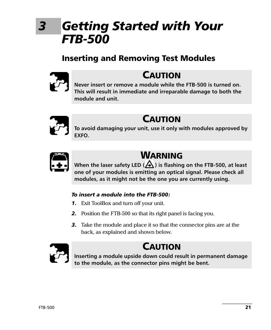3 getting started with your ftb-500, Inserting and removing test modules, 3getting started with your ftb-500 | EXFO FTB-500 (Window XP) User Manual | Page 31 / 405