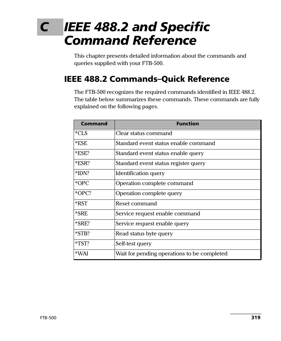 C ieee 488.2 and specific command reference, Ieee 488.2 commands–quick reference | EXFO FTB-500 (Window XP) User Manual | Page 329 / 405
