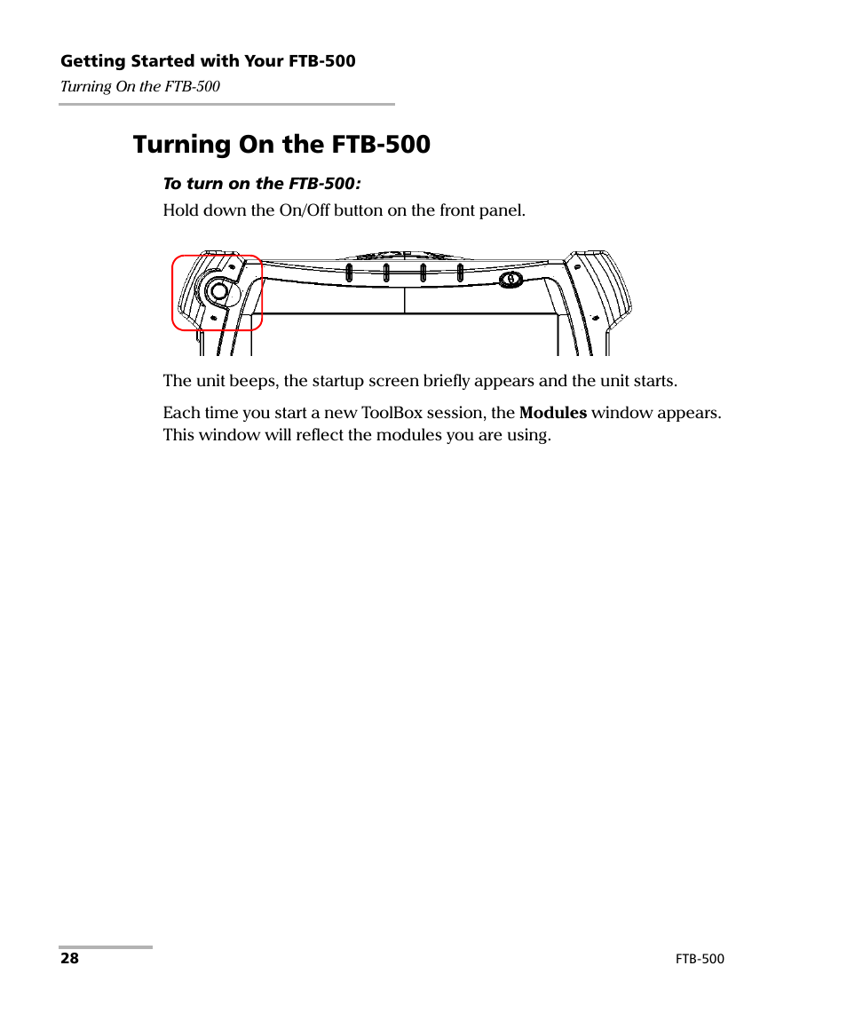 Turning on the ftb-500 | EXFO FTB-500 (Window XP) User Manual | Page 38 / 405