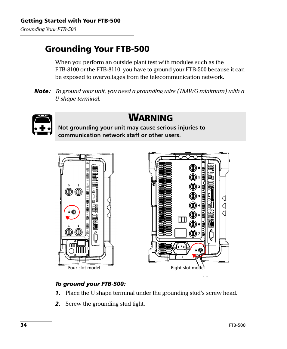 Grounding your ftb-500, Arning | EXFO FTB-500 (Window XP) User Manual | Page 44 / 405