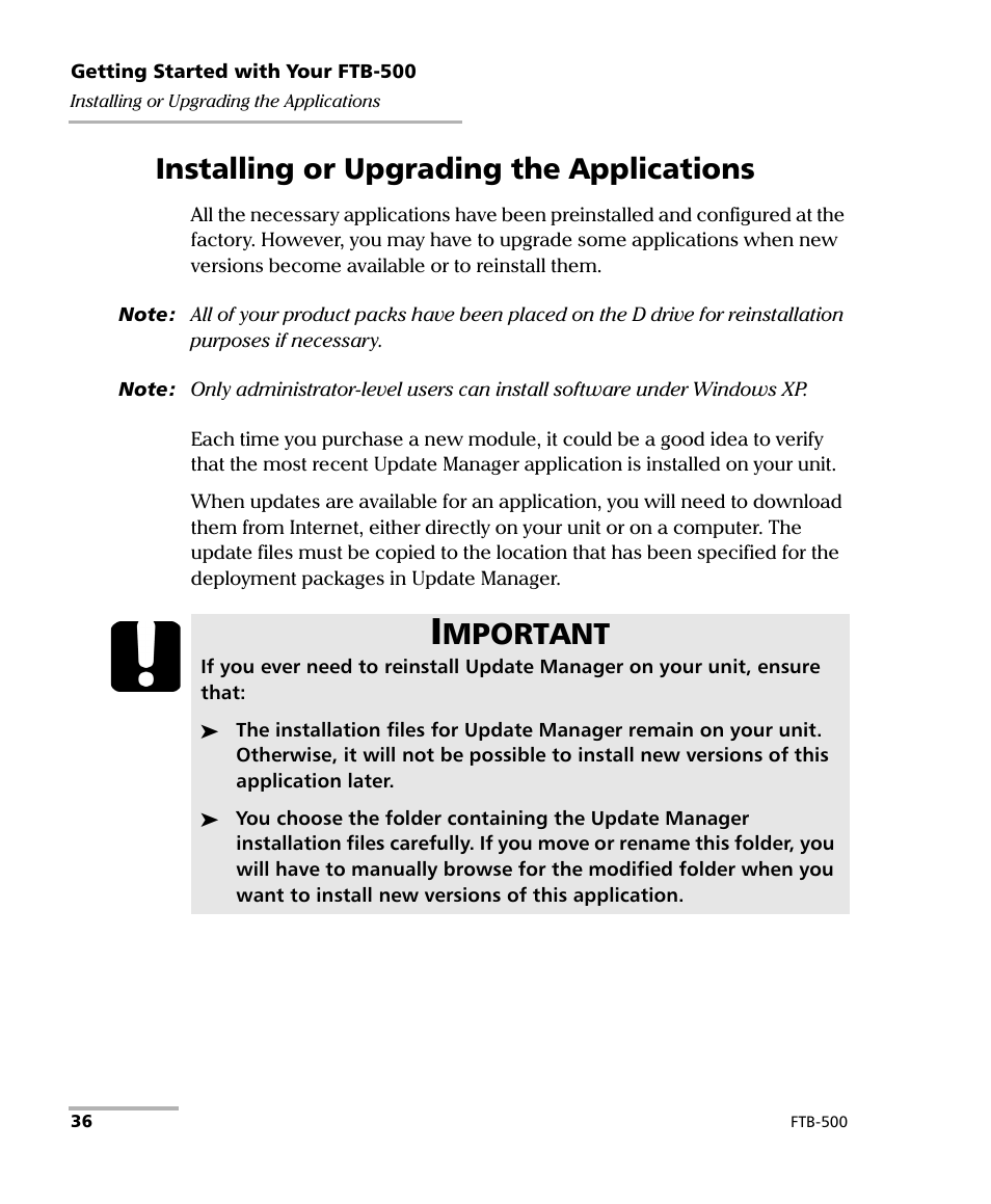 Installing or upgrading the applications, Mportant | EXFO FTB-500 (Window XP) User Manual | Page 46 / 405
