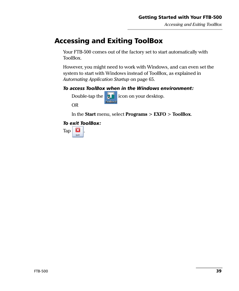 Accessing and exiting toolbox | EXFO FTB-500 (Window XP) User Manual | Page 49 / 405