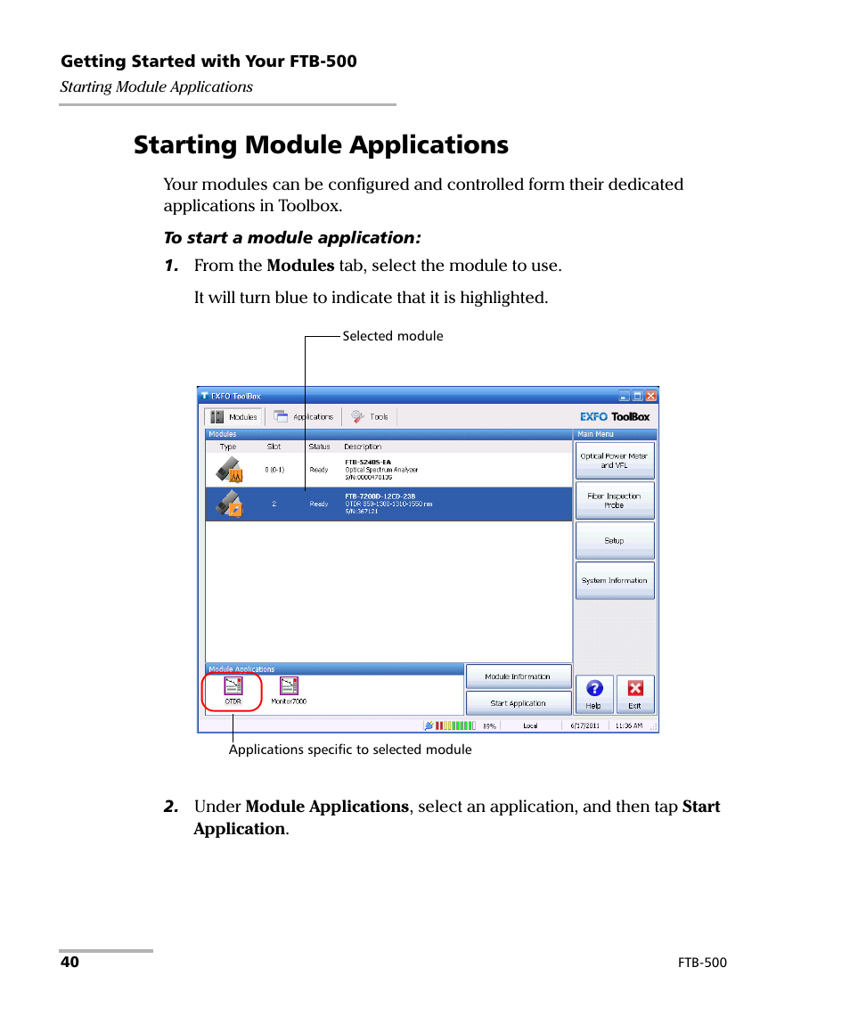 Starting module applications | EXFO FTB-500 (Window XP) User Manual | Page 50 / 405