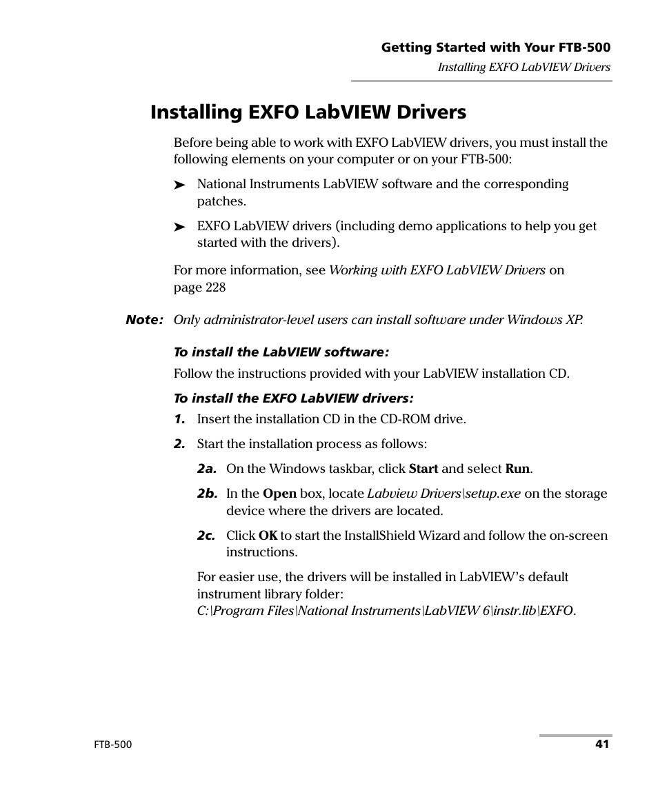 Installing exfo labview drivers | EXFO FTB-500 (Window XP) User Manual | Page 51 / 405