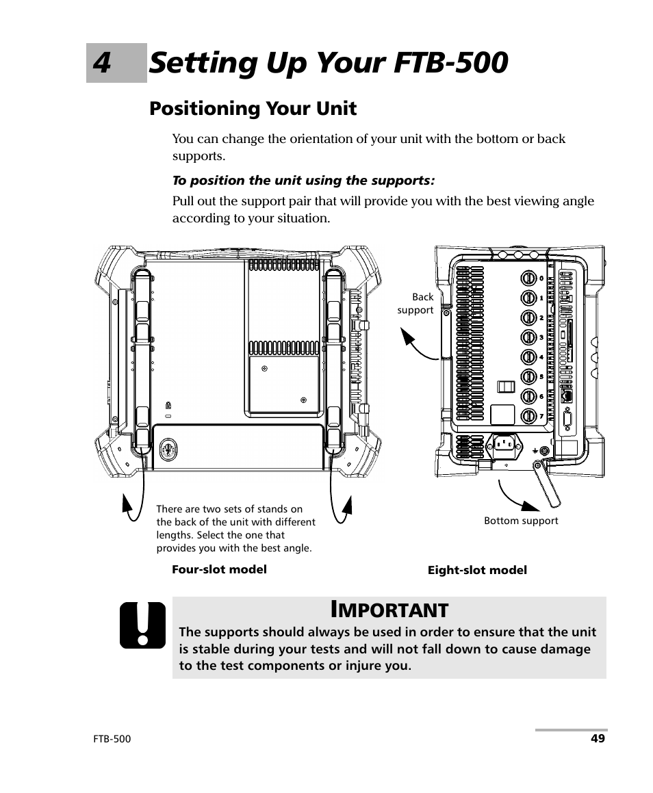 4 setting up your ftb-500, Positioning your unit, 4setting up your ftb-500 | Mportant | EXFO FTB-500 (Window XP) User Manual | Page 59 / 405