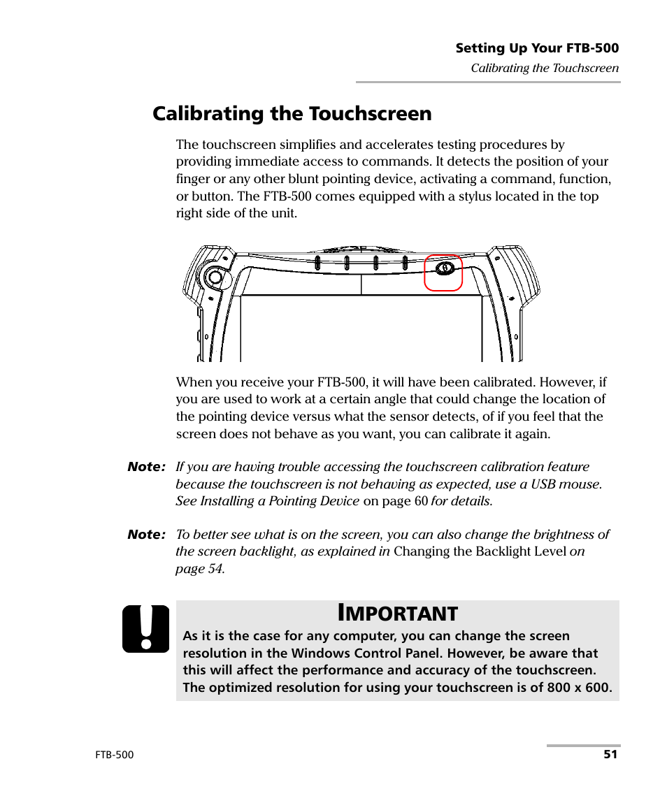 Calibrating the touchscreen, Mportant | EXFO FTB-500 (Window XP) User Manual | Page 61 / 405