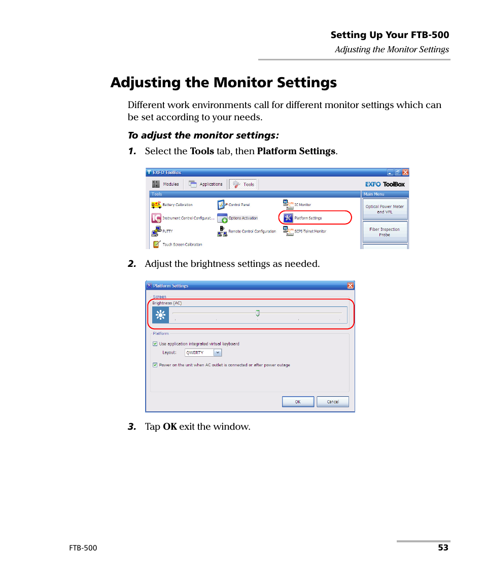 Adjusting the monitor settings | EXFO FTB-500 (Window XP) User Manual | Page 63 / 405