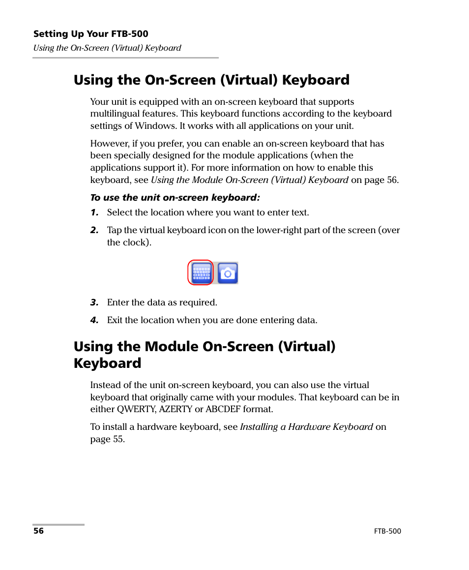 Using the on-screen (virtual) keyboard, Using the module on-screen (virtual) keyboard | EXFO FTB-500 (Window XP) User Manual | Page 66 / 405
