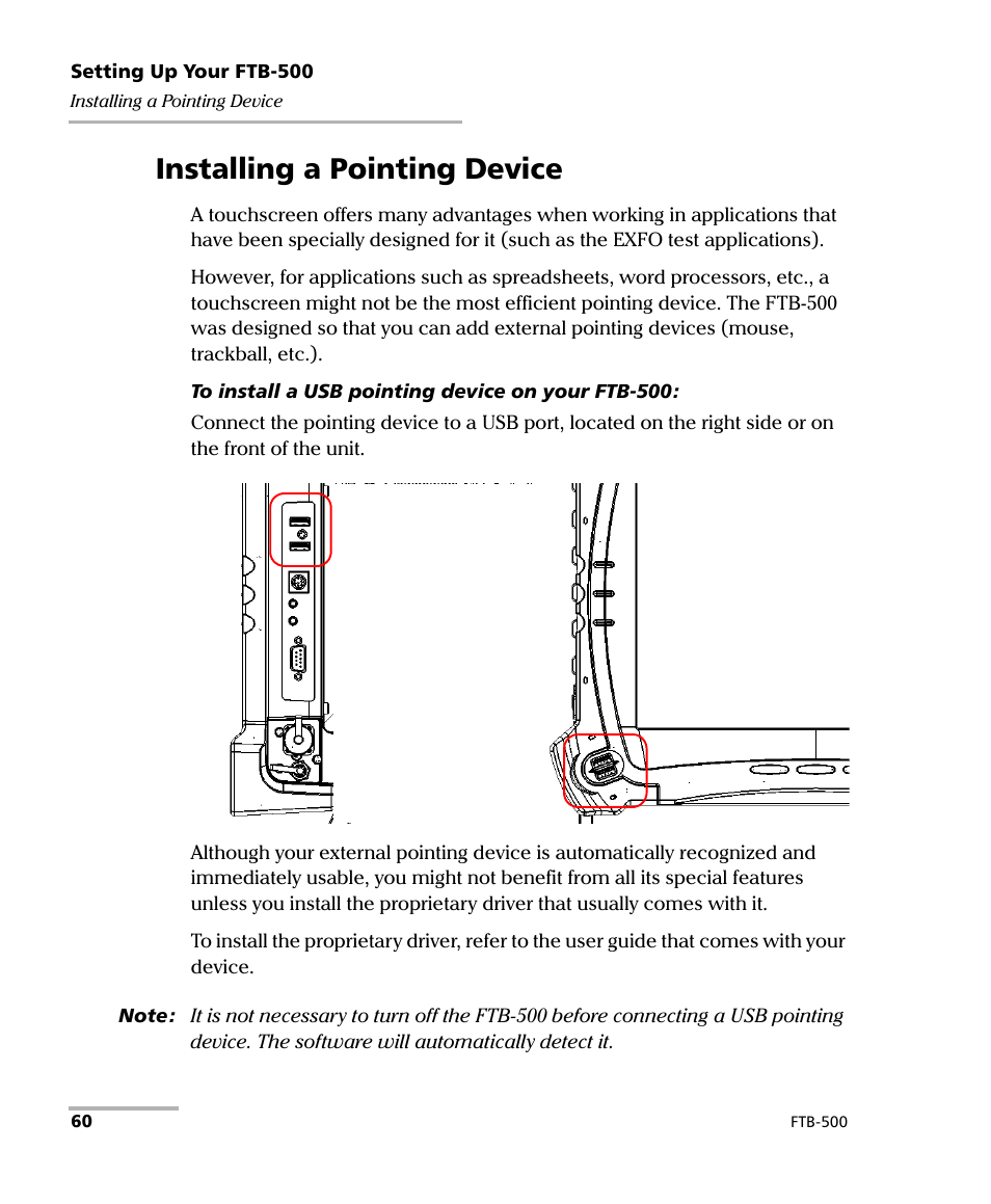 Installing a pointing device | EXFO FTB-500 (Window XP) User Manual | Page 70 / 405