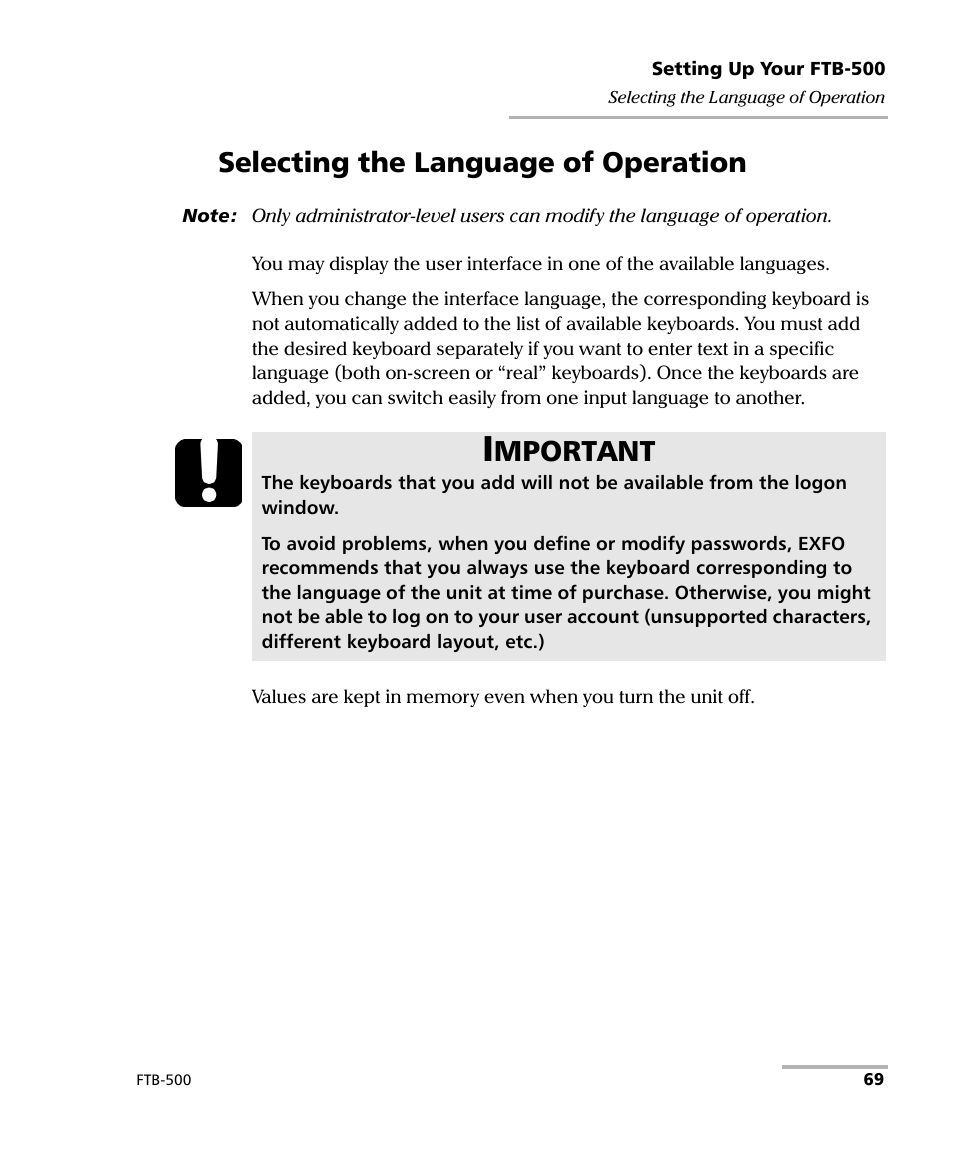 Selecting the language of operation, Mportant | EXFO FTB-500 (Window XP) User Manual | Page 79 / 405