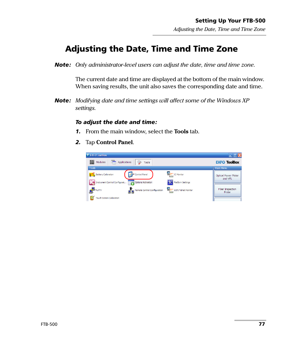 Adjusting the date, time and time zone | EXFO FTB-500 (Window XP) User Manual | Page 87 / 405