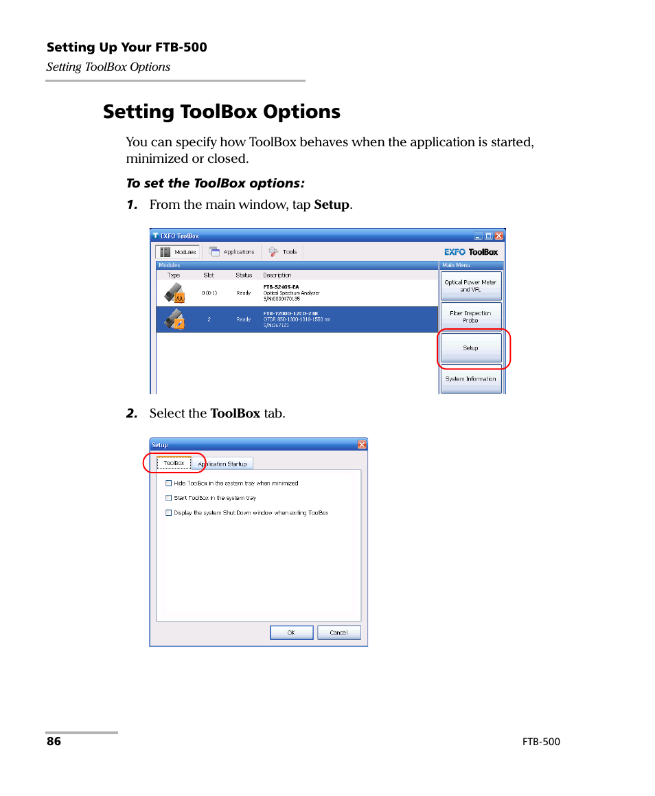 Setting toolbox options | EXFO FTB-500 (Window XP) User Manual | Page 96 / 405