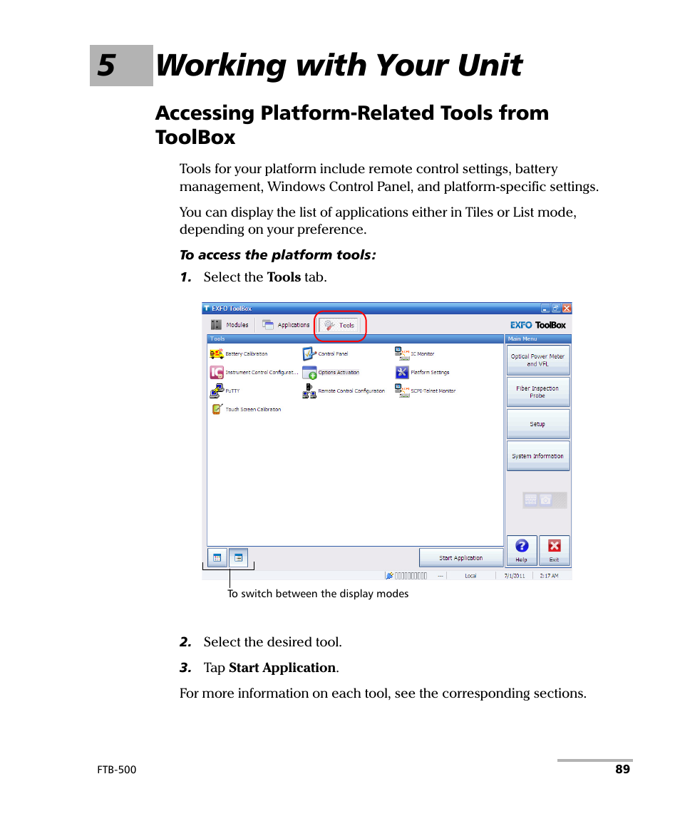 5 working with your unit, Accessing platform-related tools from toolbox, 5working with your unit | EXFO FTB-500 (Window XP) User Manual | Page 99 / 405