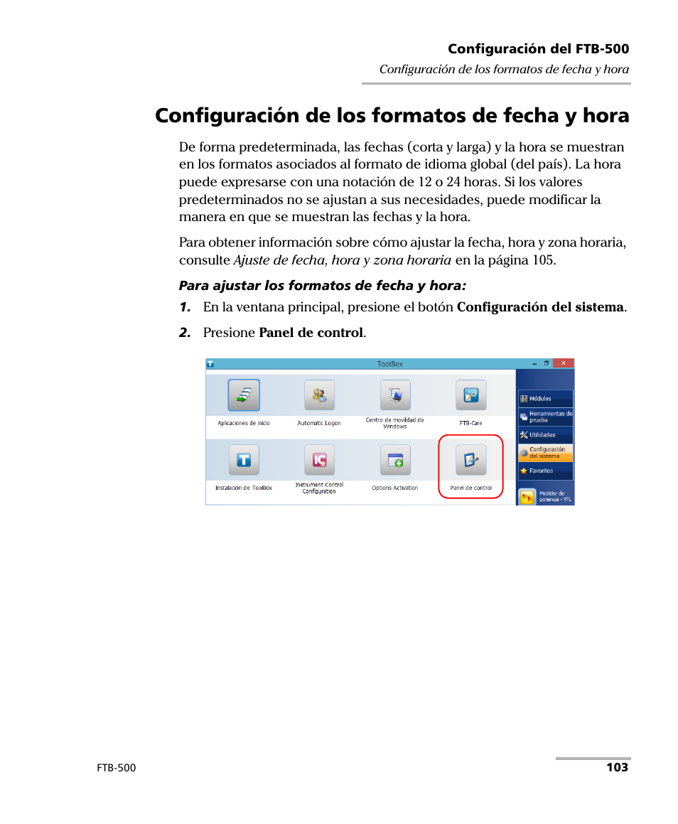 Configuración de los formatos de fecha y hora | EXFO FTB-500 (Window XP) User Manual | Page 111 / 477