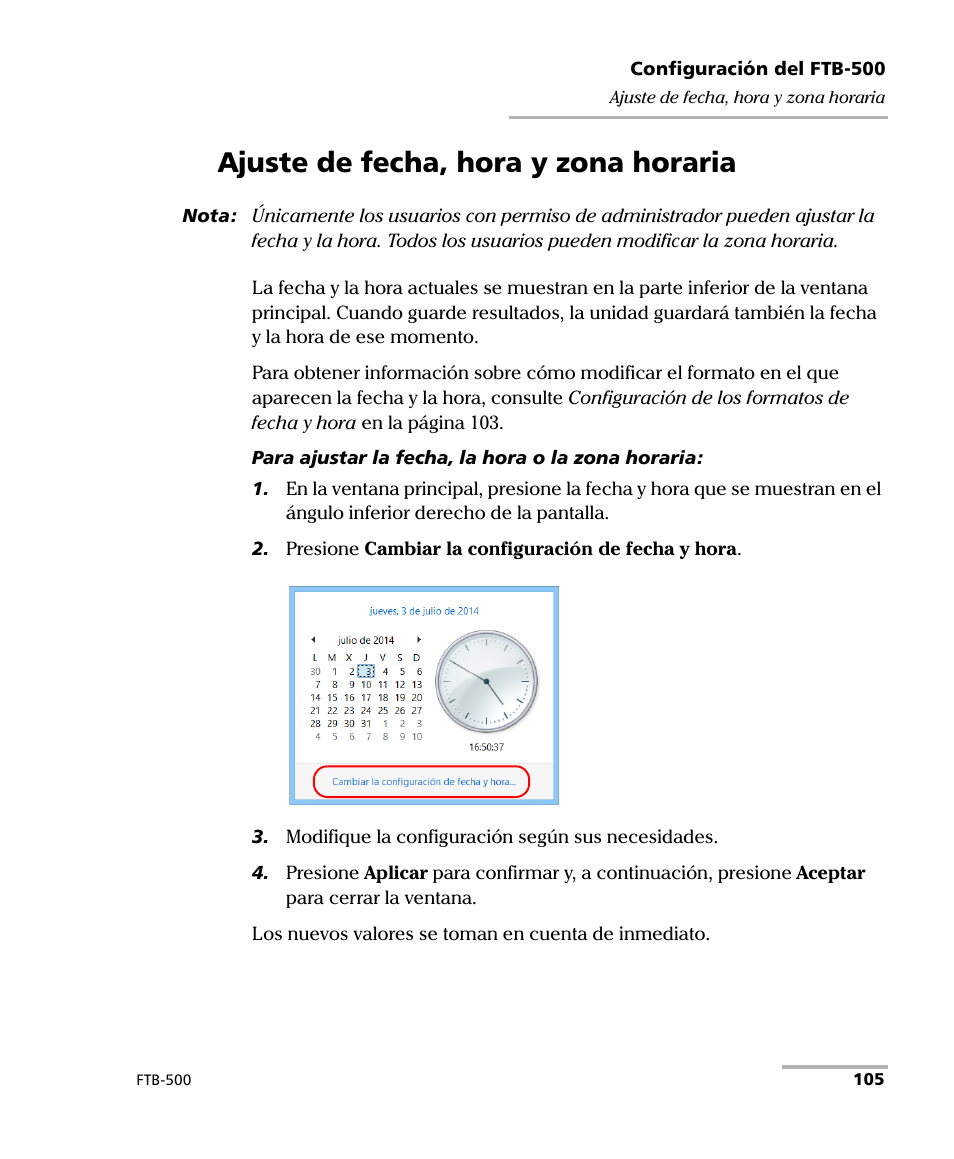 Ajuste de fecha, hora y zona horaria | EXFO FTB-500 (Window XP) User Manual | Page 113 / 477