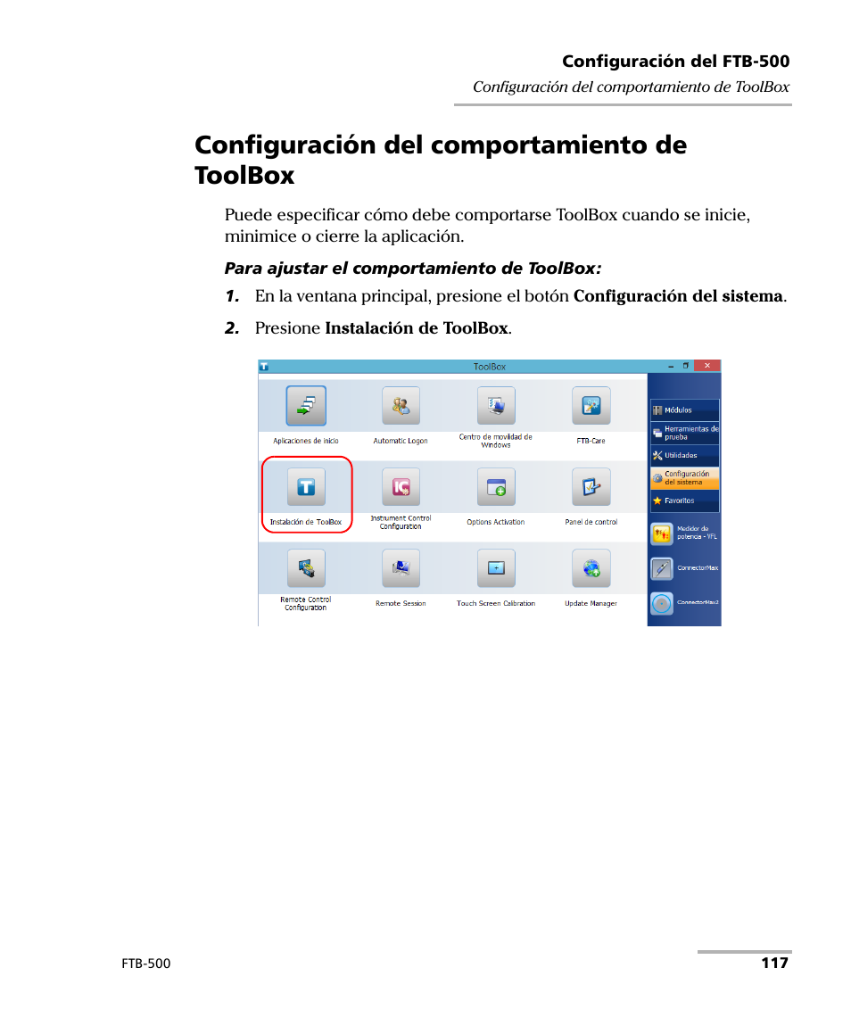 Configuración del comportamiento de toolbox | EXFO FTB-500 (Window XP) User Manual | Page 125 / 477